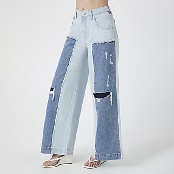 NWT Forever 21 Color-blocked Women’s Low Rise Wide Leg Jeans Size 30 - Picture 3 of 16